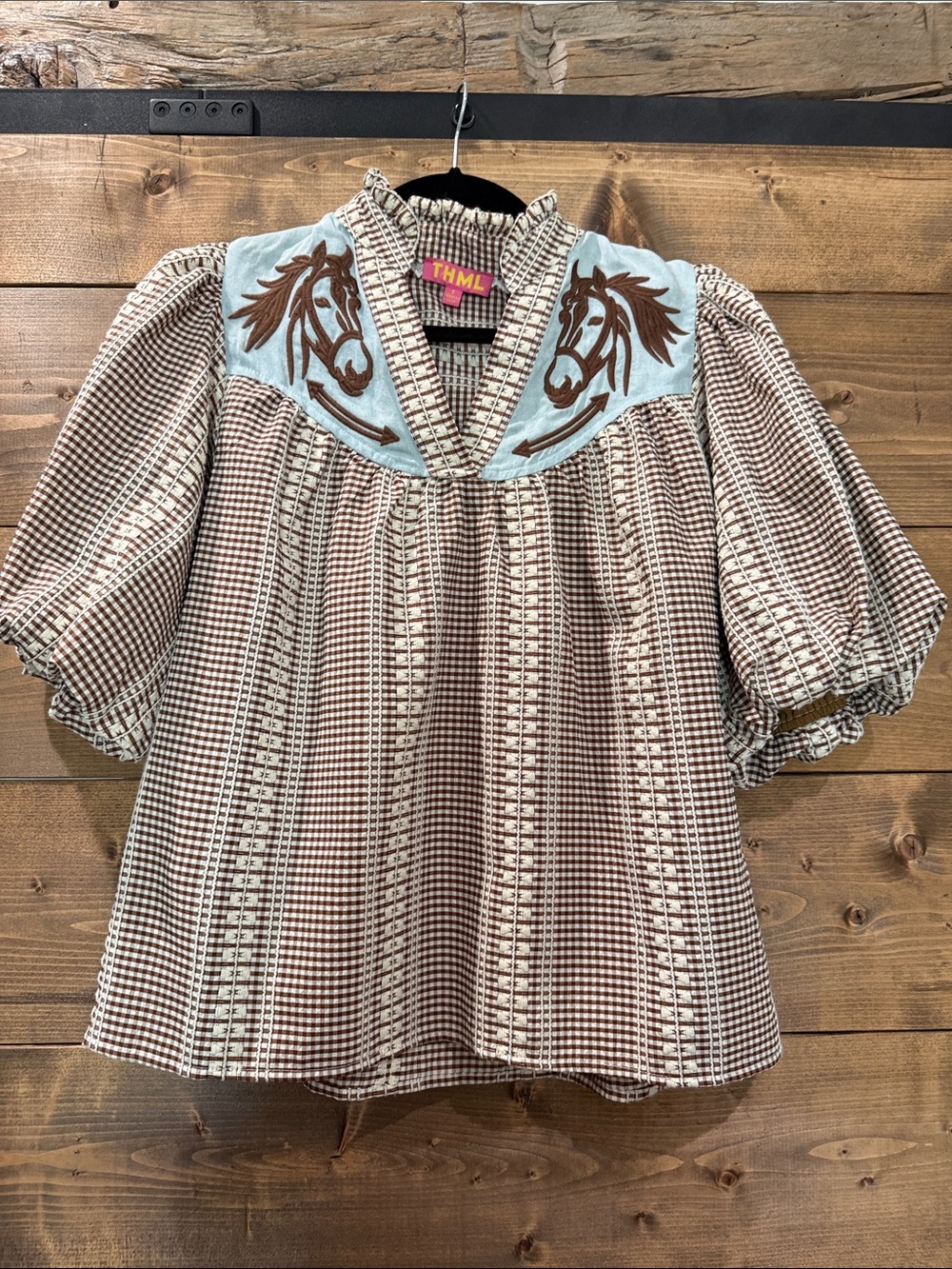 THML Brown and Light Blue Embroidered Horse Yoke Puff Sleeve Top
